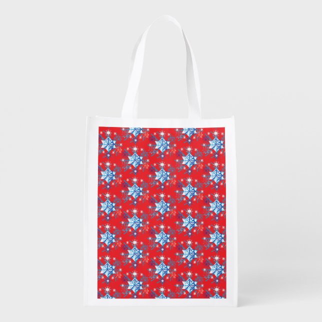 Holiday red and blue snowflakes and stars reusable grocery bag (Back)