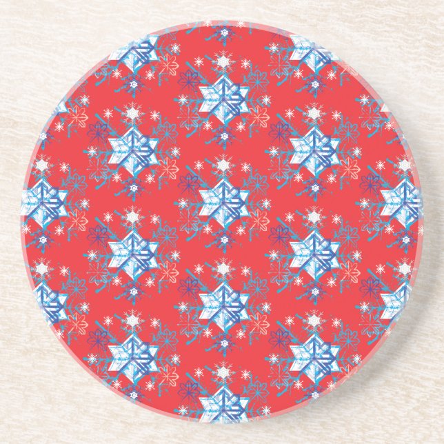 Holiday red and blue snowflakes and stars sandstone coaster (Front)