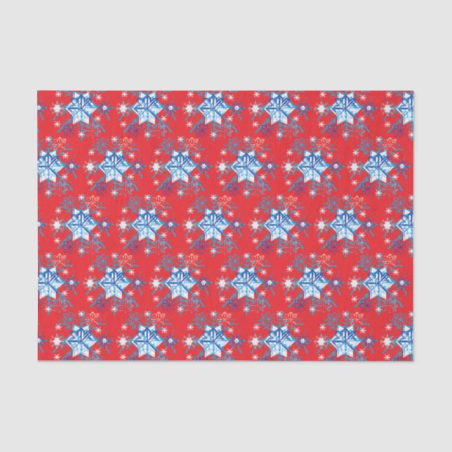 Holiday red and blue snowflakes and stars tissue paper (Front)