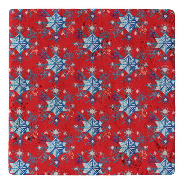 Holiday red and blue snowflakes and stars trivet (Front)