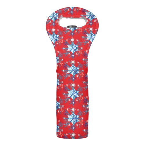Holiday red and blue snowflakes and stars wine bag