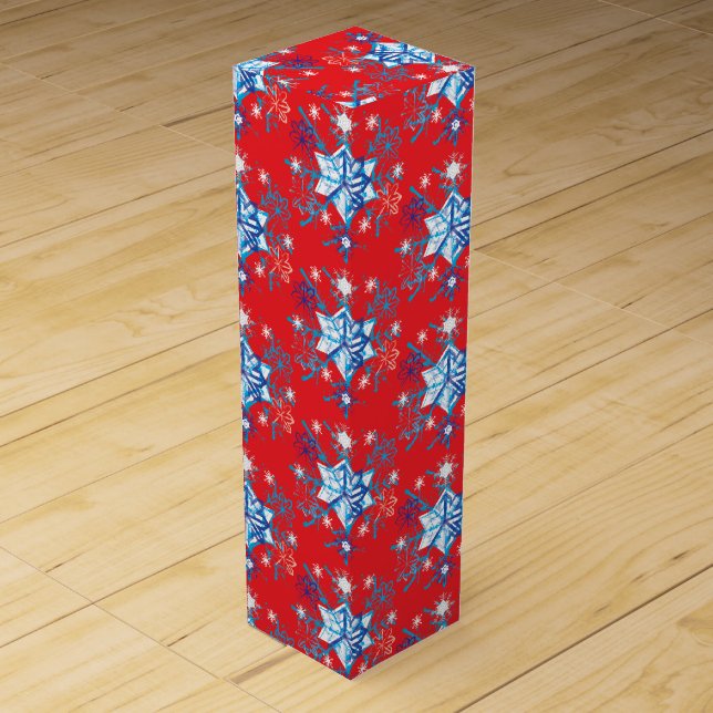 Holiday red and blue snowflakes and stars wine gift box (Front)
