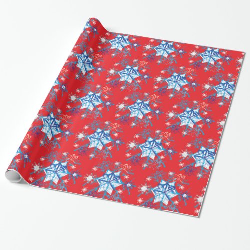 Holiday red and blue snowflakes and stars wrapping paper
