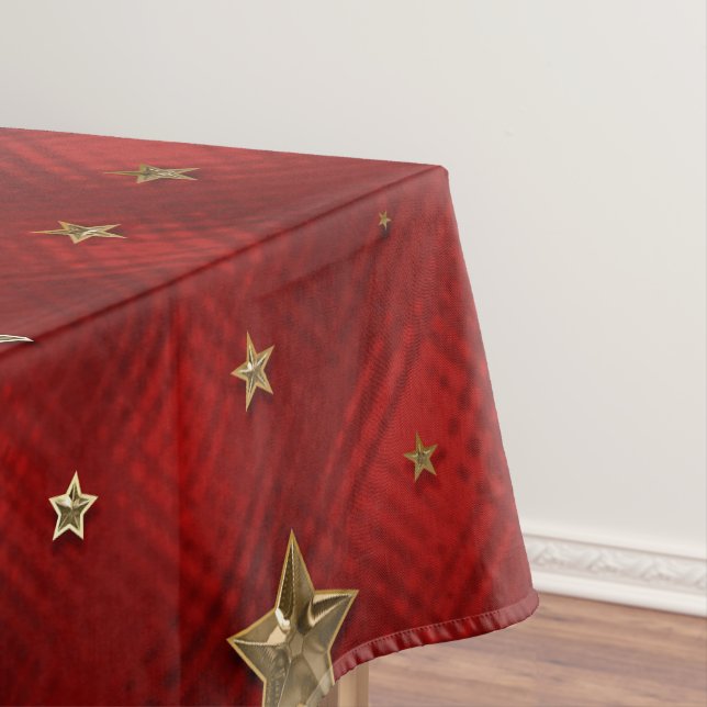 Holiday Red and Gold Faux Metal Christmas Stars Tablecloth (In Situ)