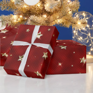 Holiday Red and Gold Faux Metal Christmas Stars Wrapping Paper