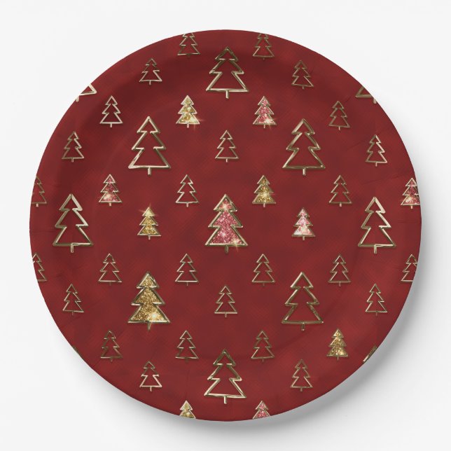 Holiday Red and Gold Faux Metal Christmas Trees Paper Plates (Front)