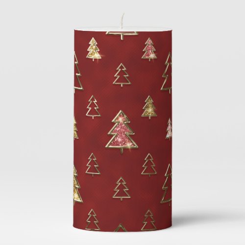 Holiday Red and Gold Faux Metal Christmas Trees Pillar Candle