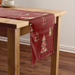 Holiday Red and Gold Faux Metal Christmas Trees Short Table Runner