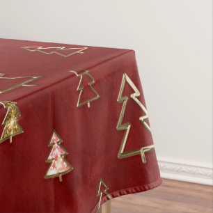 Holiday Red and Gold Faux Metal Christmas Trees Tablecloth