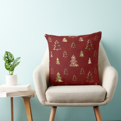 Holiday Red and Gold Faux Metal Christmas Trees Throw Pillow