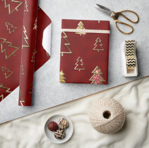 Holiday Red and Gold Faux Metal Christmas Trees Wrapping Paper