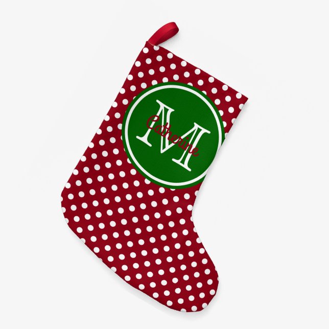 Holiday Red and Green Polka Dot Monogram Small Christmas Stocking (Front (Hanging))