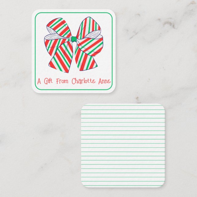 Holiday Red and Green Stripe Bow Personalized Note Card (Front/Back)