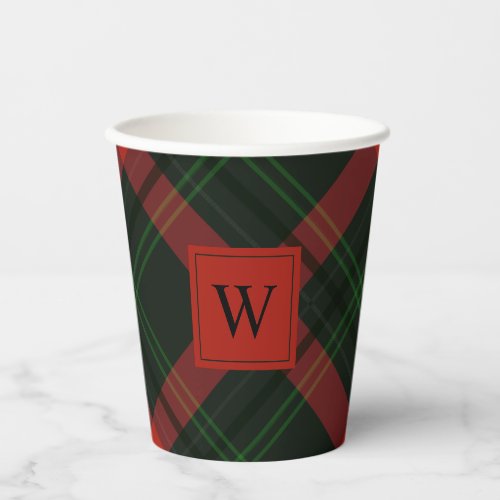 Holiday Red and Green Tartan Plaid with Monogram Paper Cups