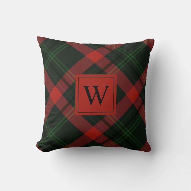 Holiday Red and Green Tartan Plaid with Monogram Throw Pillow (Front)