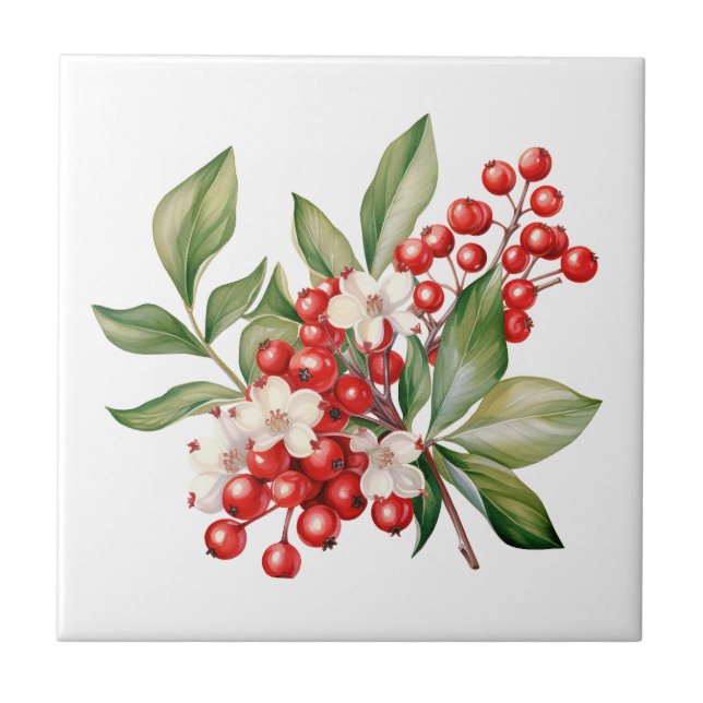 Holiday Red Berries Floral Ceramic Tile (Front)