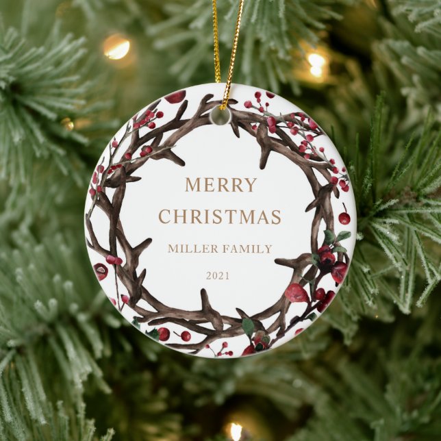 Holiday Red Berries Photo Merry Christmas Ceramic Ornament (Tree)
