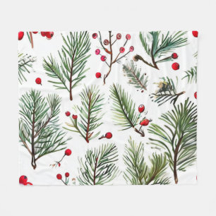 Holiday Red Berries & Pine Botanical Design Fleece Blanket