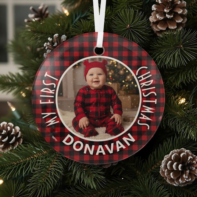 Holiday Red & Black Plaid First Christmas Custom Glass Ornament (Creator Uploaded)