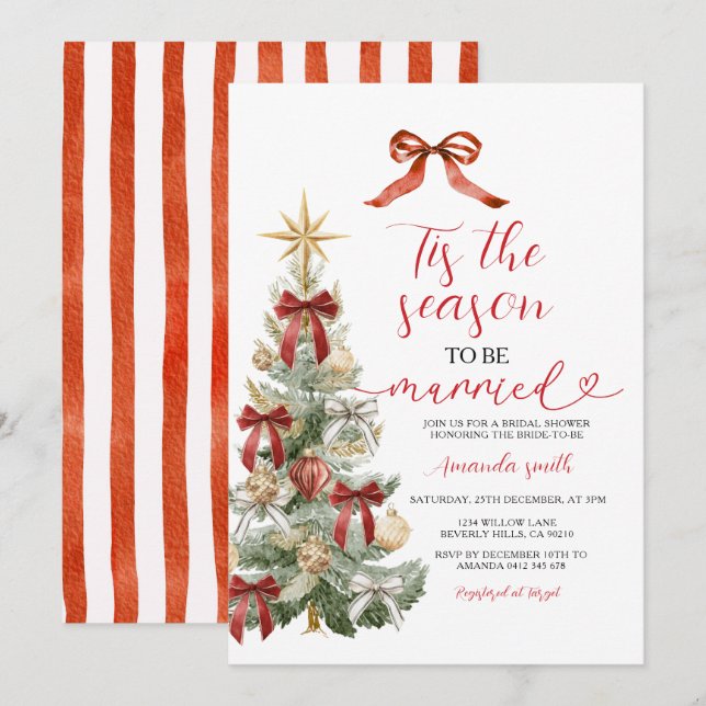 Holiday Red Bow Christmas Tree Couple Wedding Invitation (Front/Back)