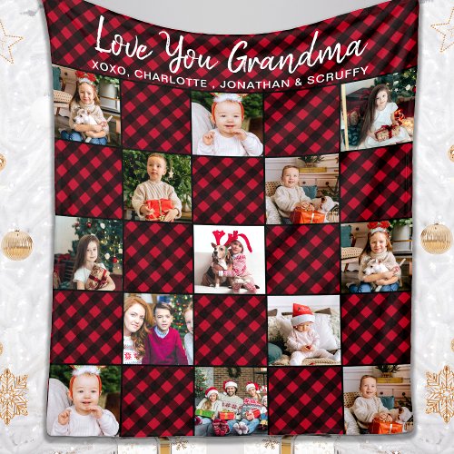 Holiday Red Buffalo Plaid Custom 13 Photo Collage Fleece Blanket