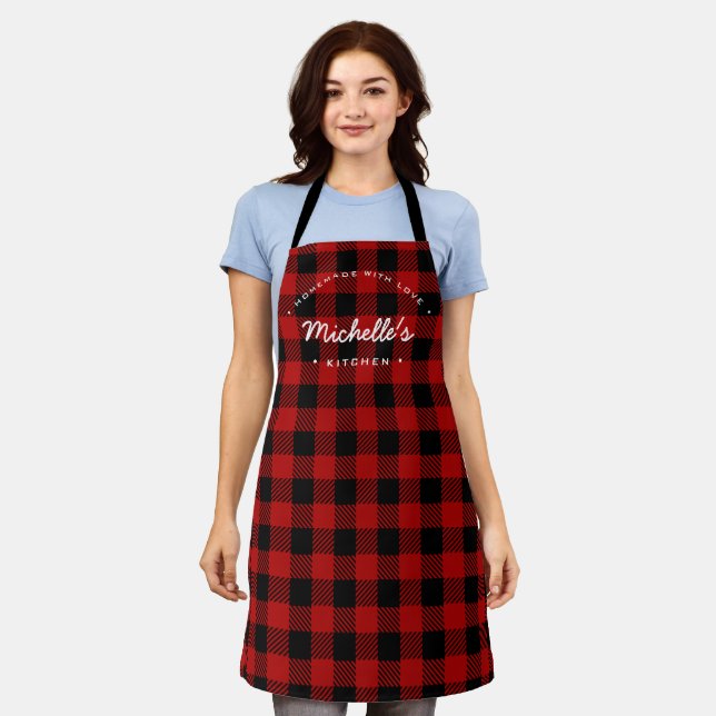 Holiday Red buffalo plaid Personalized kitchen Apron (Worn)