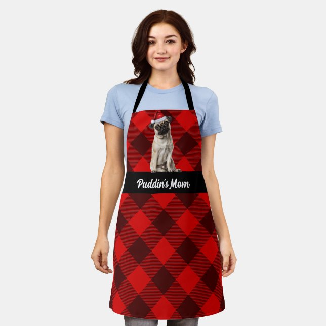 Holiday Red Buffalo Plaid Pug Santa Dog Christmas Apron (Worn)