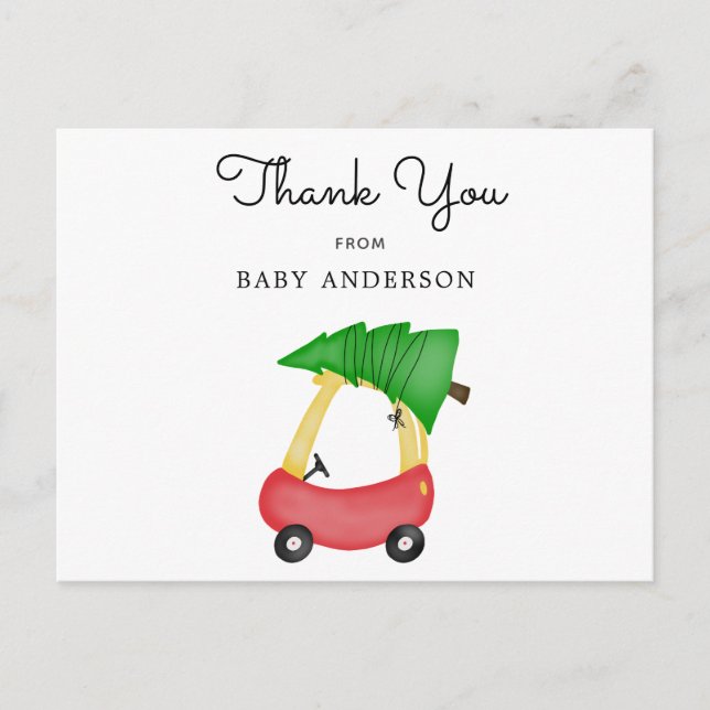 Holiday Red Car Baby Shower Thank You Postcard (Front)