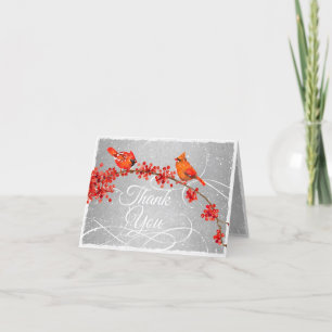 Holiday Red Cardinals Faux Silver Thank You Card