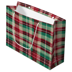 Holiday Red Cream Green Plaid Stripes Large Gift Bag