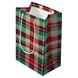 Holiday Red Cream Green Plaid Stripes Medium Gift Bag