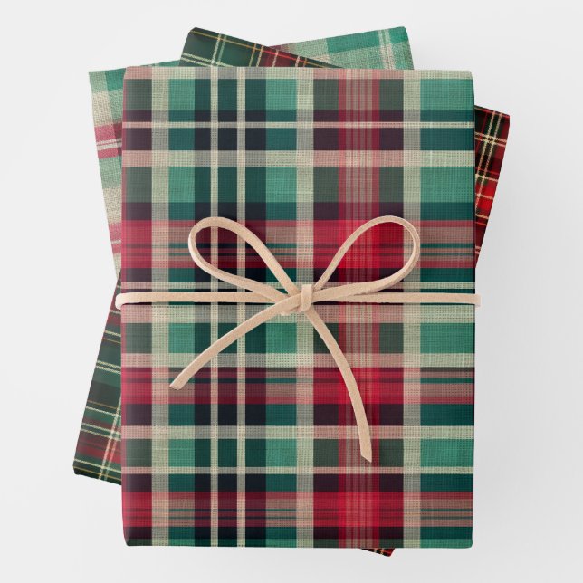 Holiday Red Cream Green Plaid Stripes Wrapping Paper Sheets (In situ)