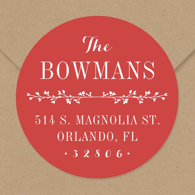 Holiday Red Family Name Return Address Classic Round Sticker (Creator Uploaded)