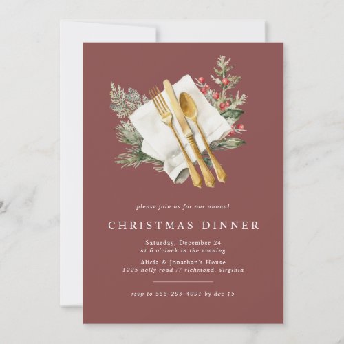 Holiday Red  Festive Watercolor Christmas Dinner Invitation