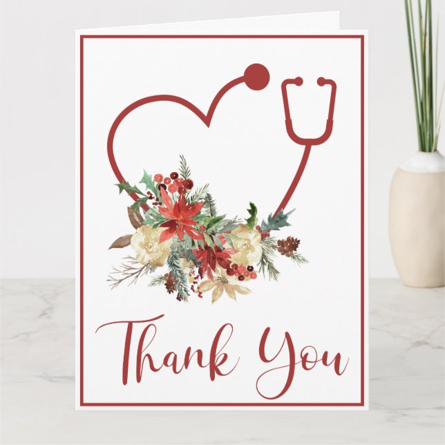 Holiday Red Floral Stethoscope Heart Thank You Card (Front)