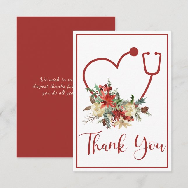 Holiday Red Floral Stethoscope Heart Thank You Card (Front/Back)
