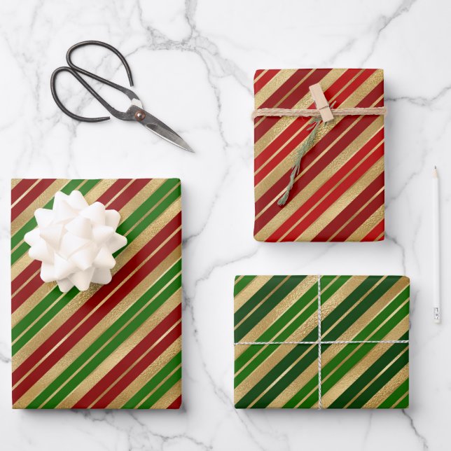 Holiday Red, Gold and Green Christmas Stripes Wrapping Paper Sheets (Front)
