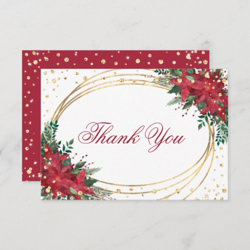 Holiday Red Gold Poinsettia Christmas Wedding Thank You Card