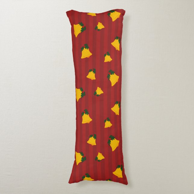 Holiday Red Gold Stripe Bells Christmas Body Pillow (Front Vertical)