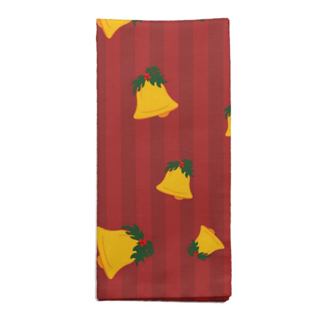 Holiday Red Gold Stripe Bells Christmas Cloth Napkin (Folded)