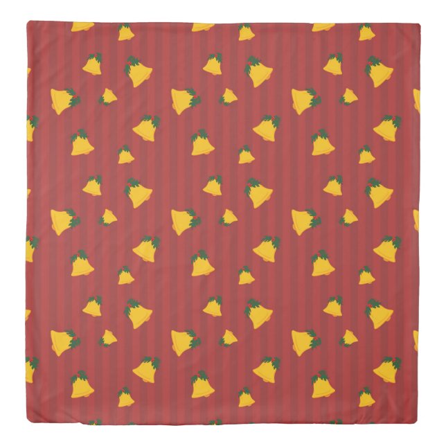 Holiday Red Gold Stripe Bells Christmas Duvet Cover (Front)