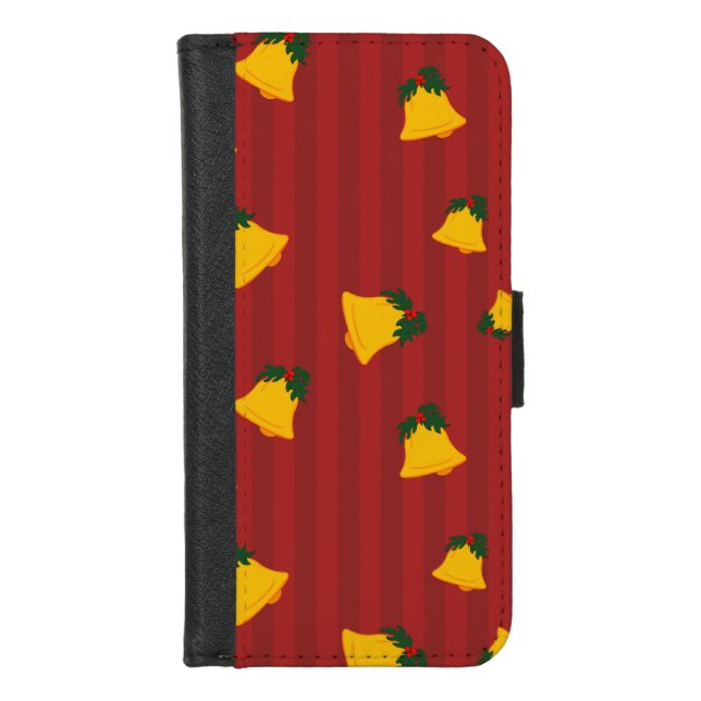 Holiday Red Gold Stripe Bells Christmas iPhone Wallet Case (Front)