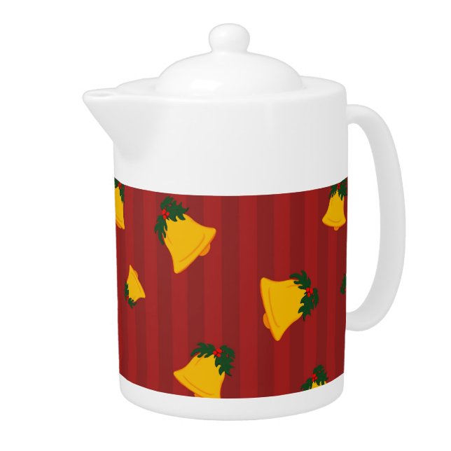 Holiday Red Gold Stripe Bells Christmas Teapot (Right)