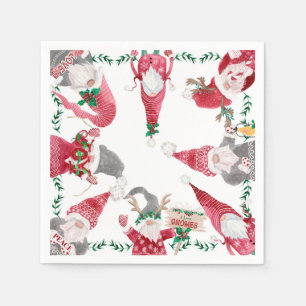 Holiday Red Gray Gnomes Christmas Party Watercolor Napkins