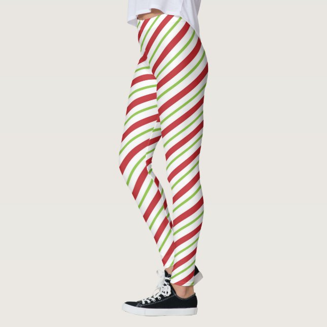 Holiday Red Green and White Candy Cane Stripes Leggings (Left)