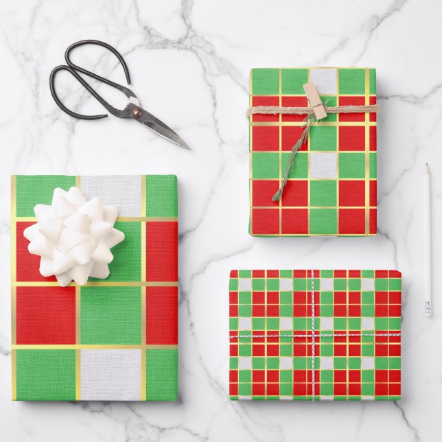 Holiday Red Green & Gold Checkered Pattern Wrapping Paper Sheets (Front)