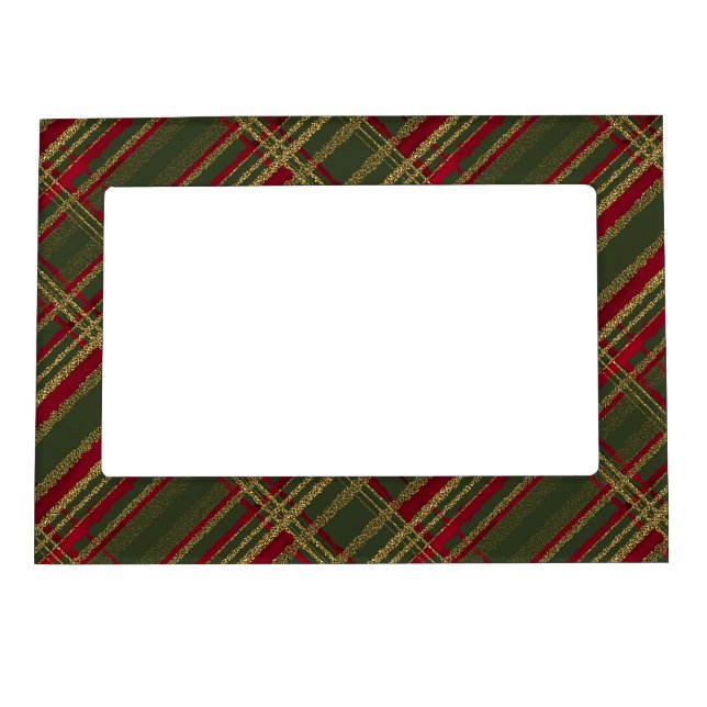 Holiday Red, Green & Gold Glitter Christmas Tartan Magnetic Frame (Front)