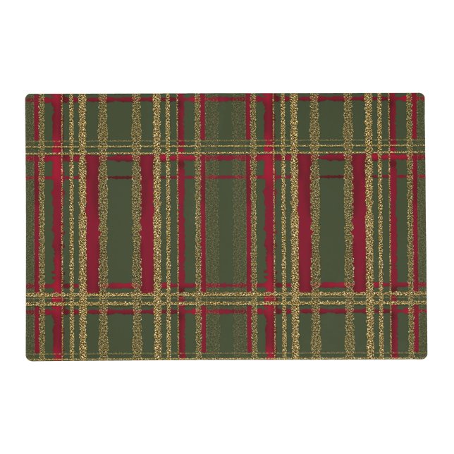 Holiday Red, Green & Gold Glitter Christmas Tartan Placemat (Front)