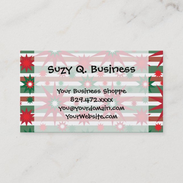 Holiday Red Green Stars Snowflakes Striped Pattern Business Card (Front)
