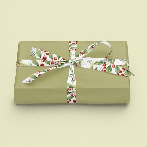 Holiday Red Holly Watercolor Berries Greenery Satin Ribbon